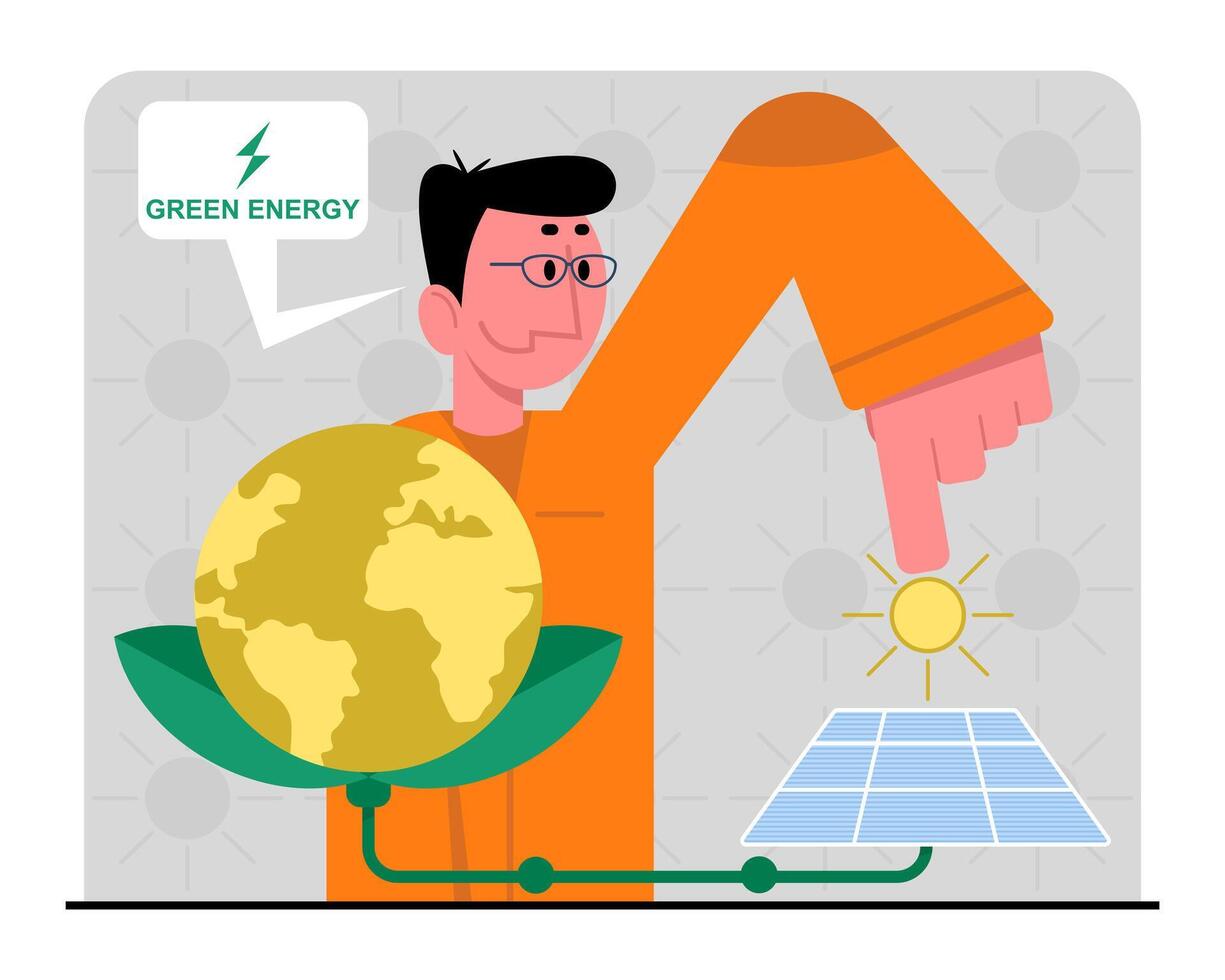 Male showing process of energy from sunlight. Consumption of solar panel at home vector