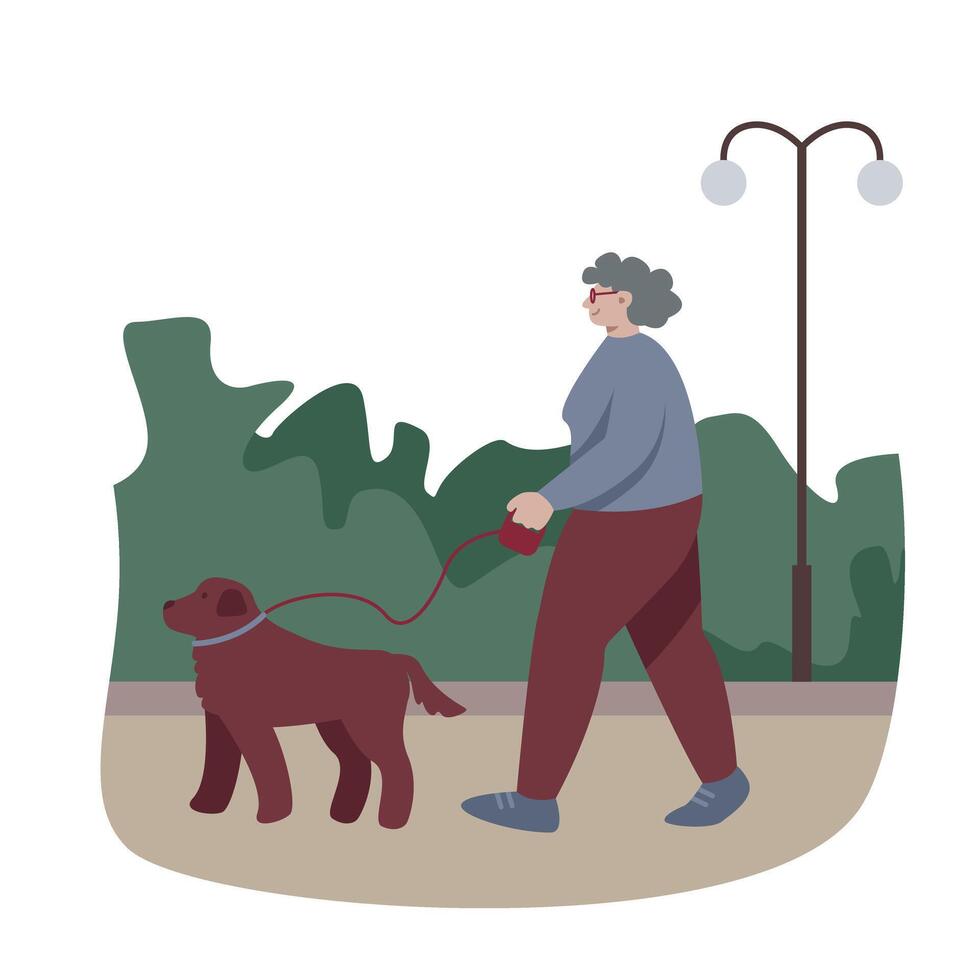 Adult woman walking outside with dog, resting in park. Older peoples activities and hobby vector