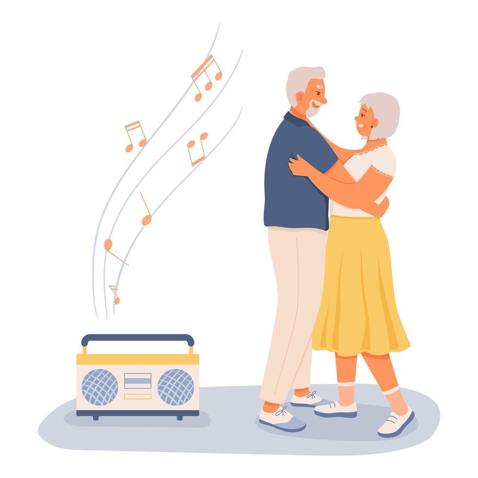 romántico antiguo Pareja bailando a música en habitación. moderno mayor personas gasto hora juntos vector