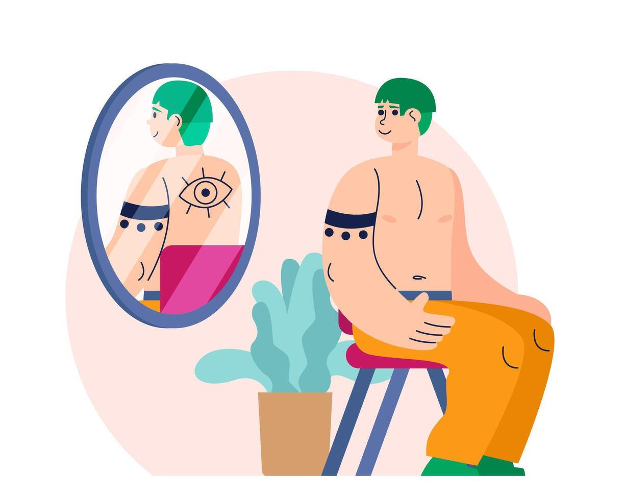 Stylish male sitting near big mirror and looking at back. Tattoo artists work process vector