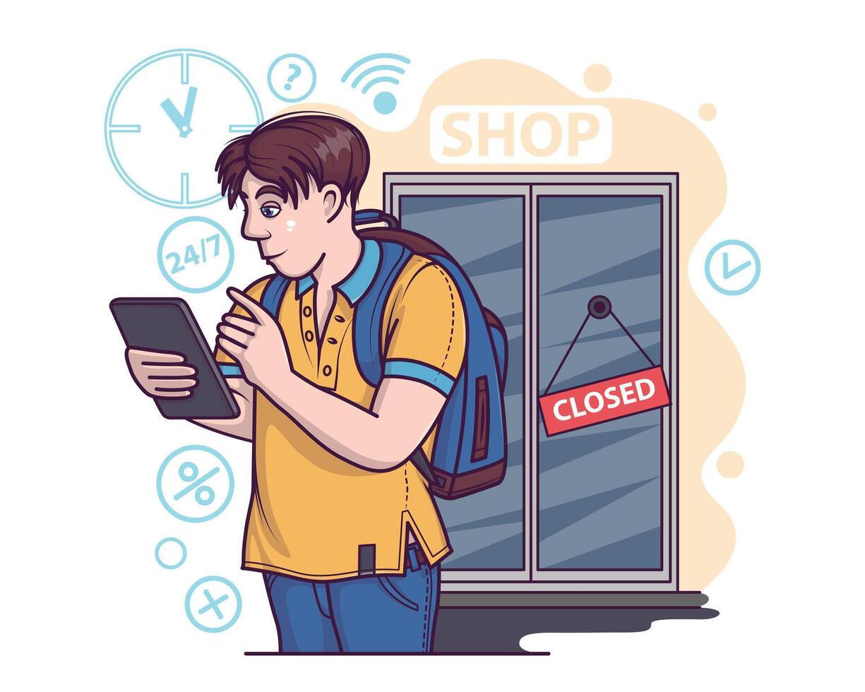 Man standing near closed store and searching products in online store vector