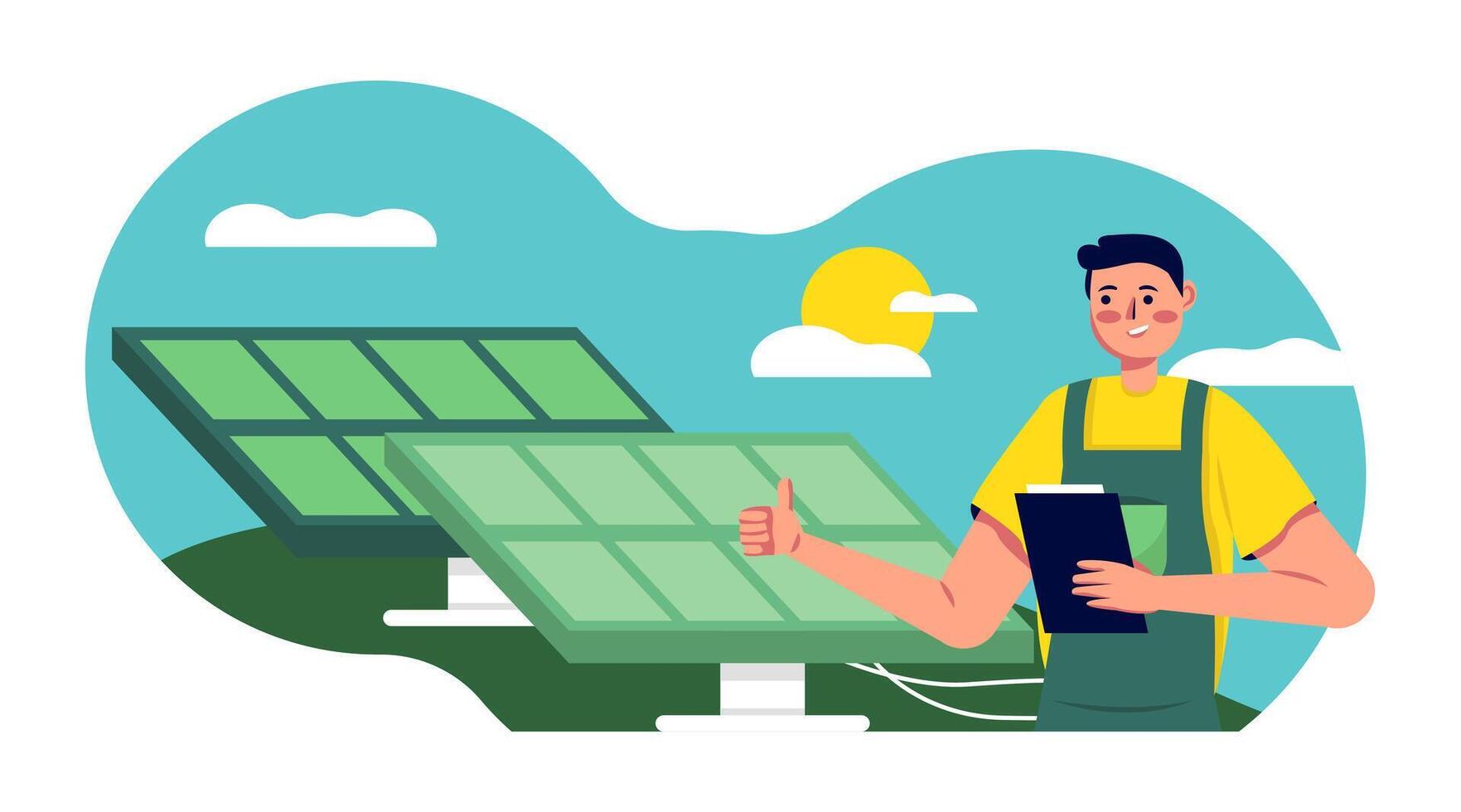 Smiling male holding document and checking work of solar panels vector