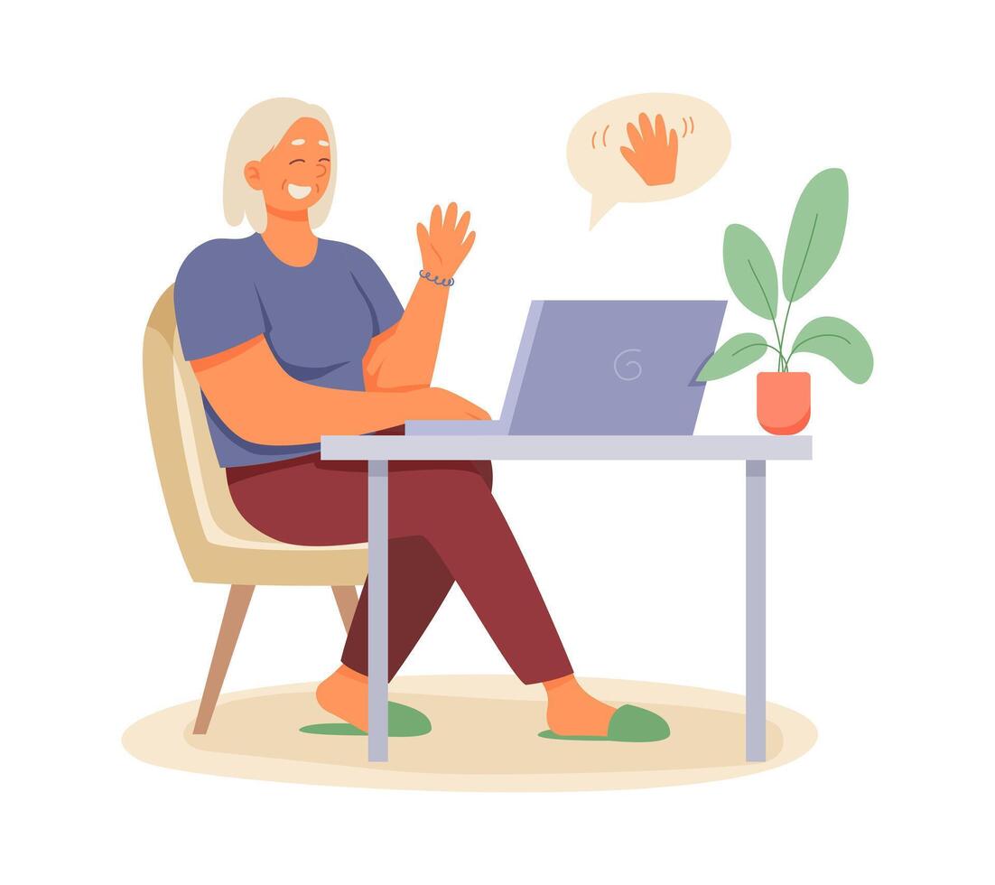 Smiling old female sitting at table and talking with family via video call vector