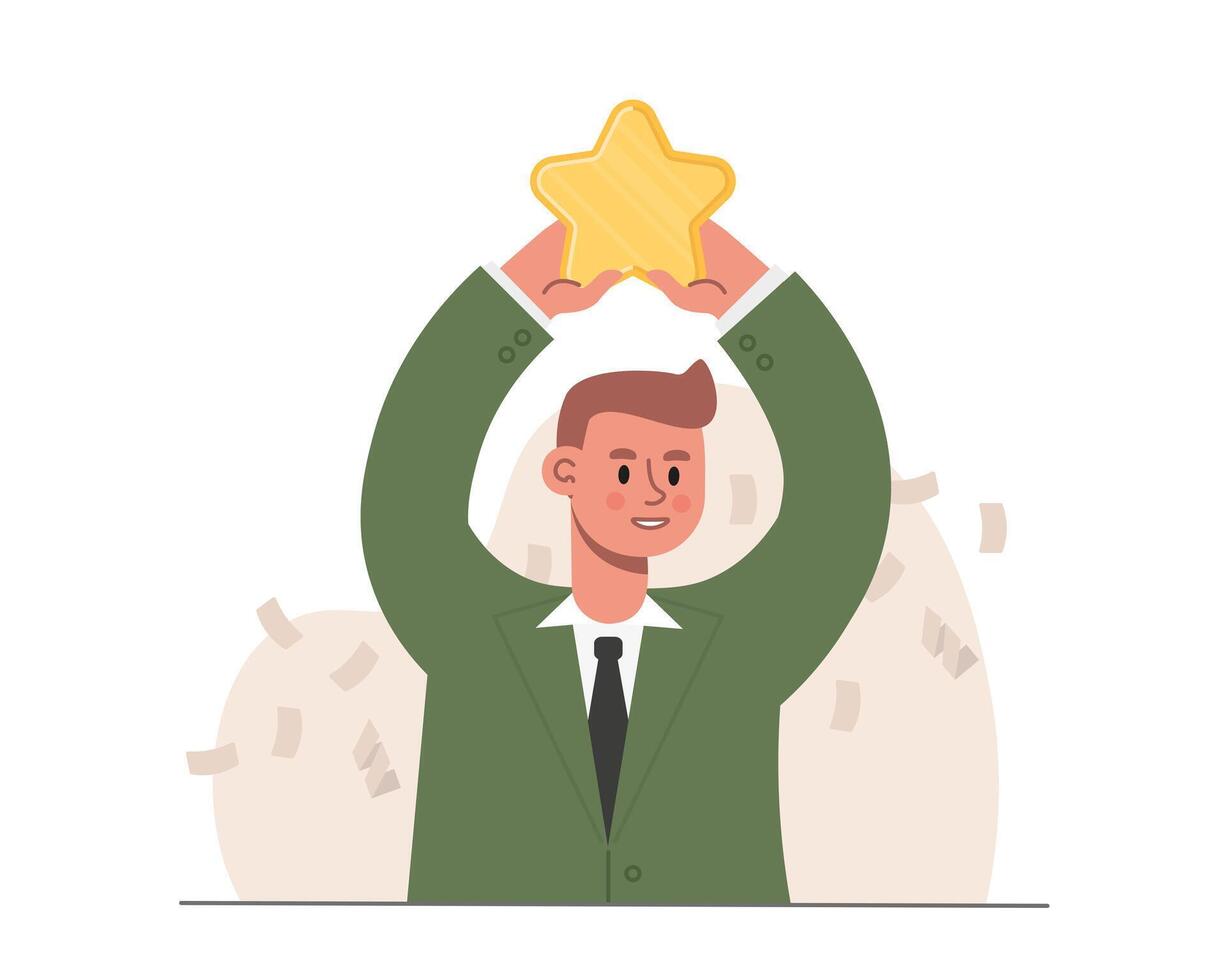 Man get star for success in work. Business achievement, triumph and award-winning concept vector