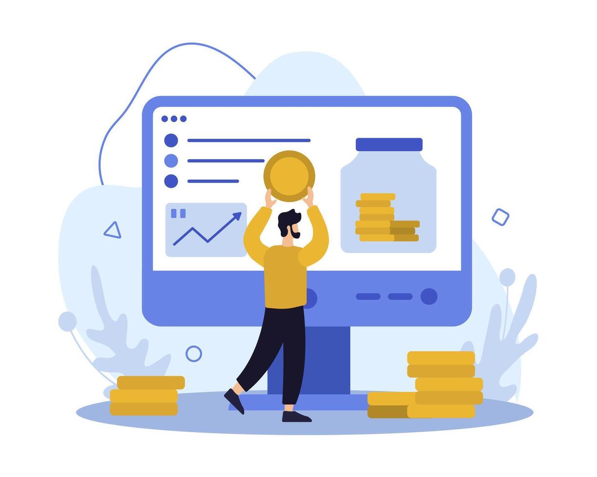 Man saving money, using bank account. Online banking, payment for purchases vector