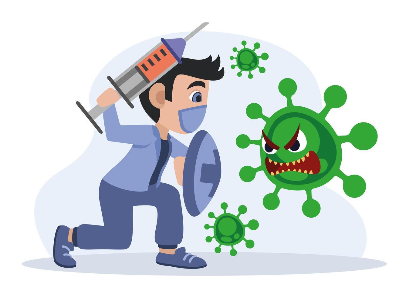 Doctor with syringe and shield stands in front of virus vector