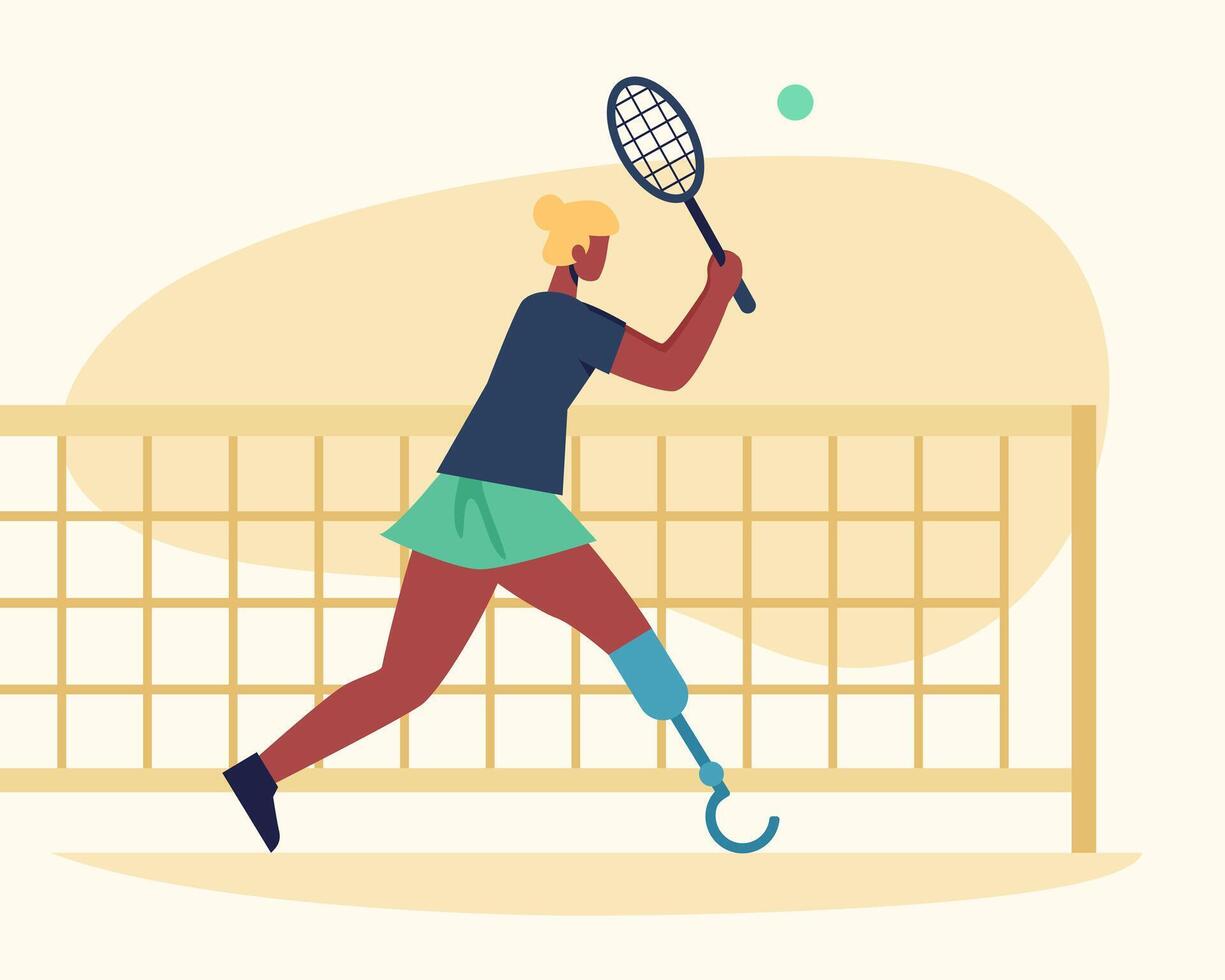 Young sporty female with prosthetic leg playing tennis vector