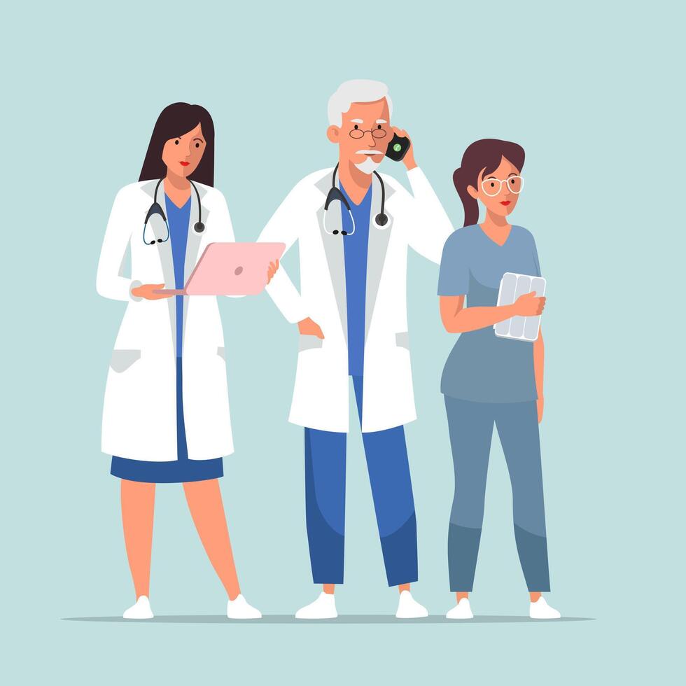 Group of doctors using gadgets and consult patients. Online medical advice vector