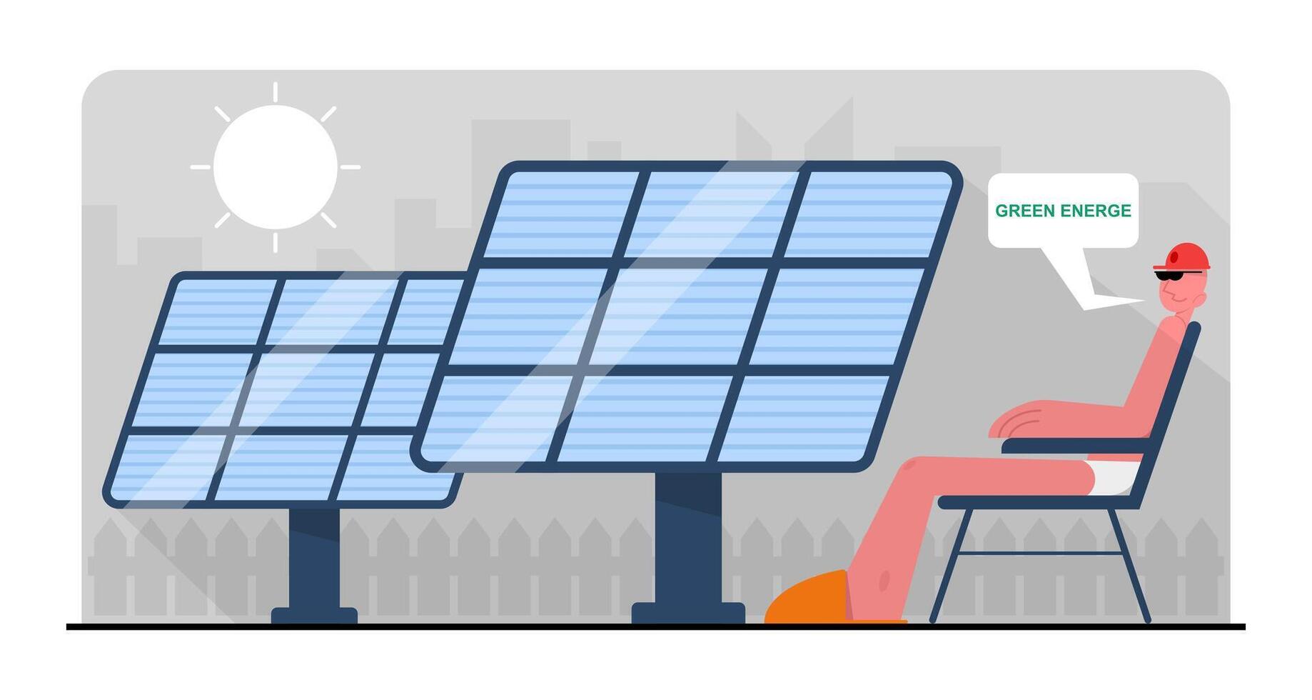 hombre acostado en cama solar cerca solar paneles consumo de solar panel a hogar vector