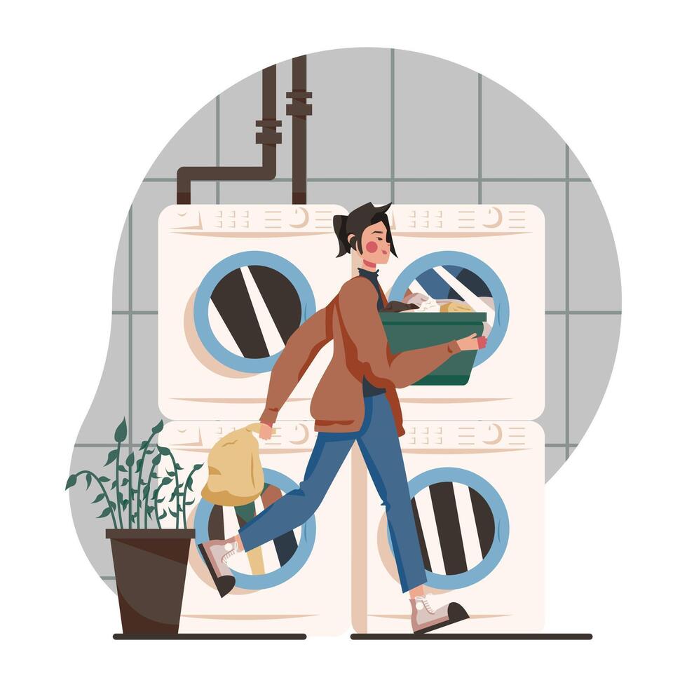 Lady holding basin with clothes, going to washing machine. Young students doing laundry vector