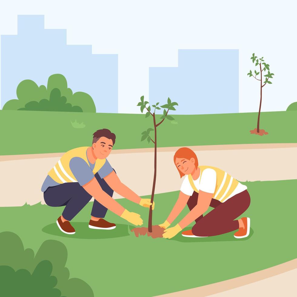 Male and woman planting tree. Help and care of environment vector