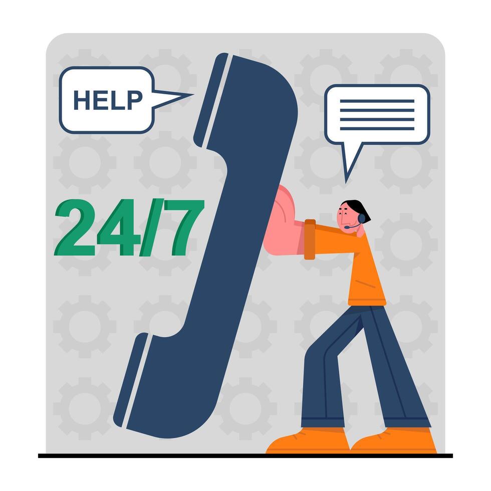 Man with headphones holding big phone and helping online vector