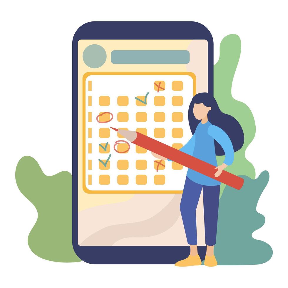 Female with pencil standing near web calendar and planning month vector