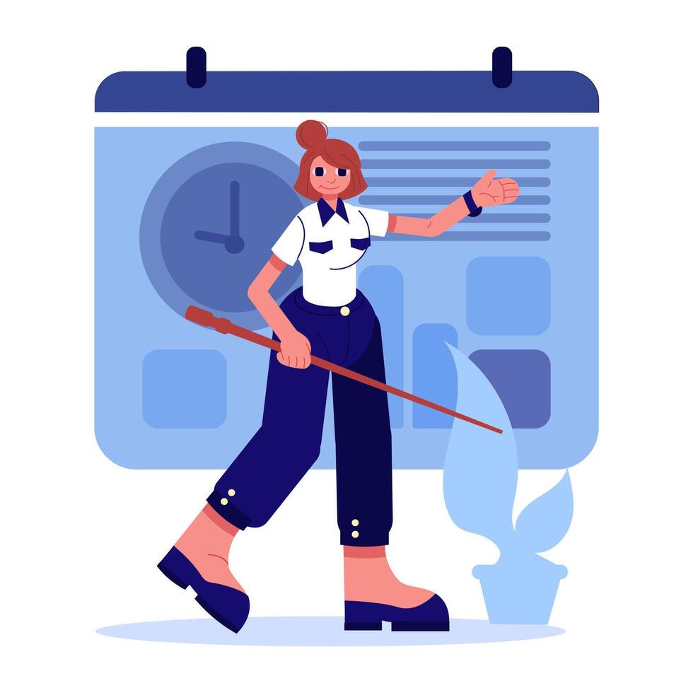 Lady standing near calendar and planning workday. Wise timing concept vector