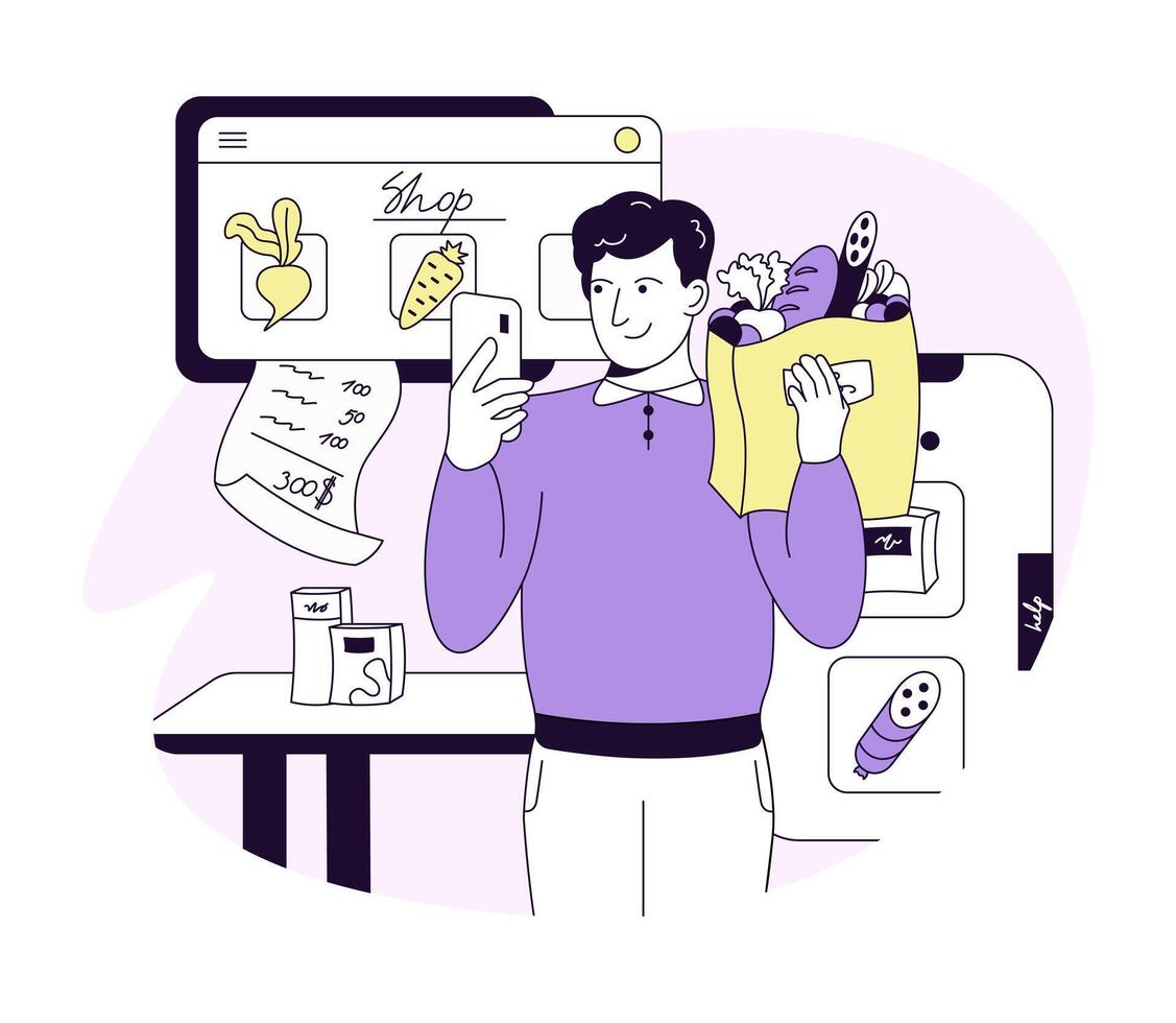 Man holding bag with food and checking check in online store vector