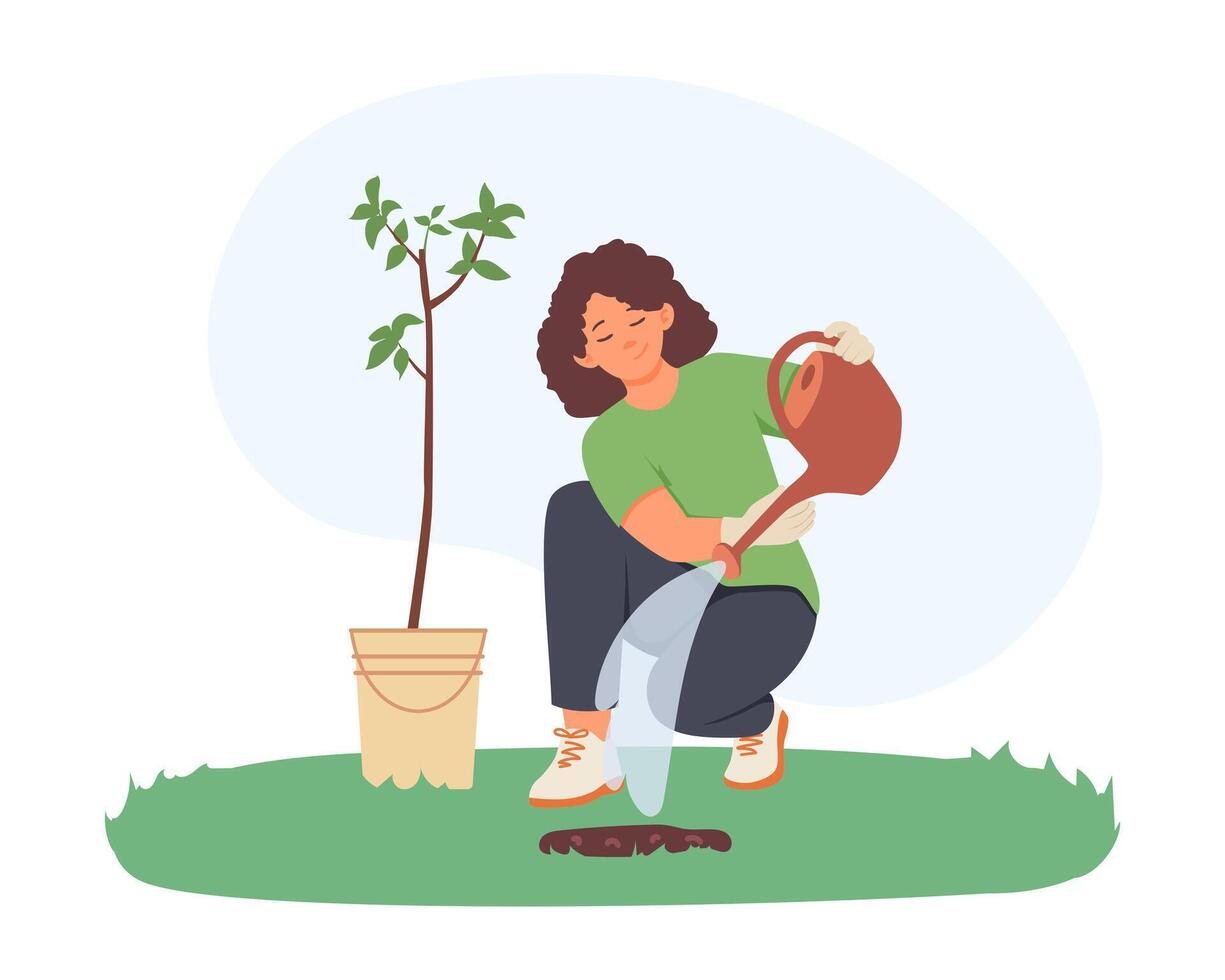 dama participación riego lata y plantando árbol. ayuda y cuidado de ambiente vector