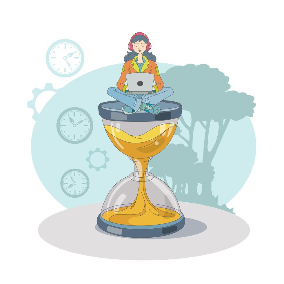 Lady working on laptop and sitting on hourglass. Time organization and management concept vector