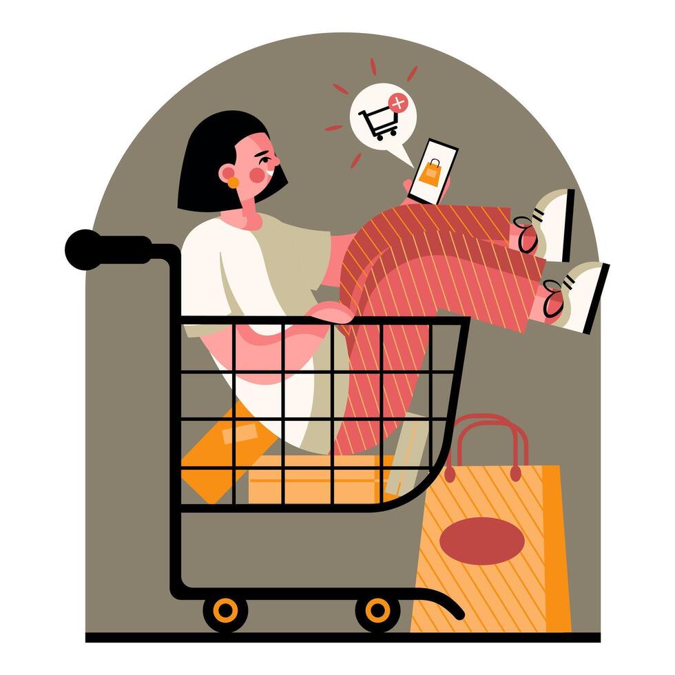 Joyous girl purchasing goods in Internet store. Buyer involved in virtual shopping vector