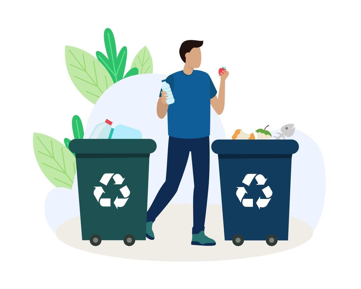 Male holding plastic bottle and organic waste, standing near containers vector