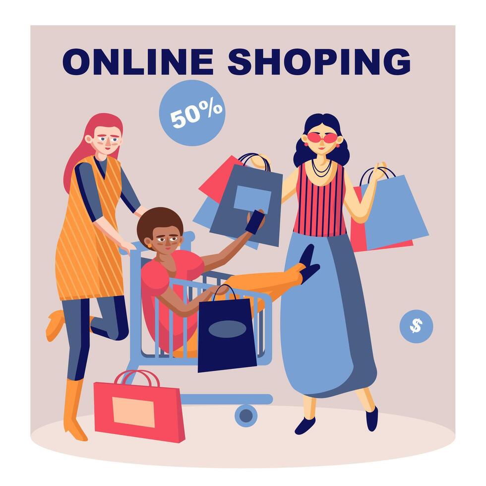 Female carry friend on cart, lady holding shopping bags vector