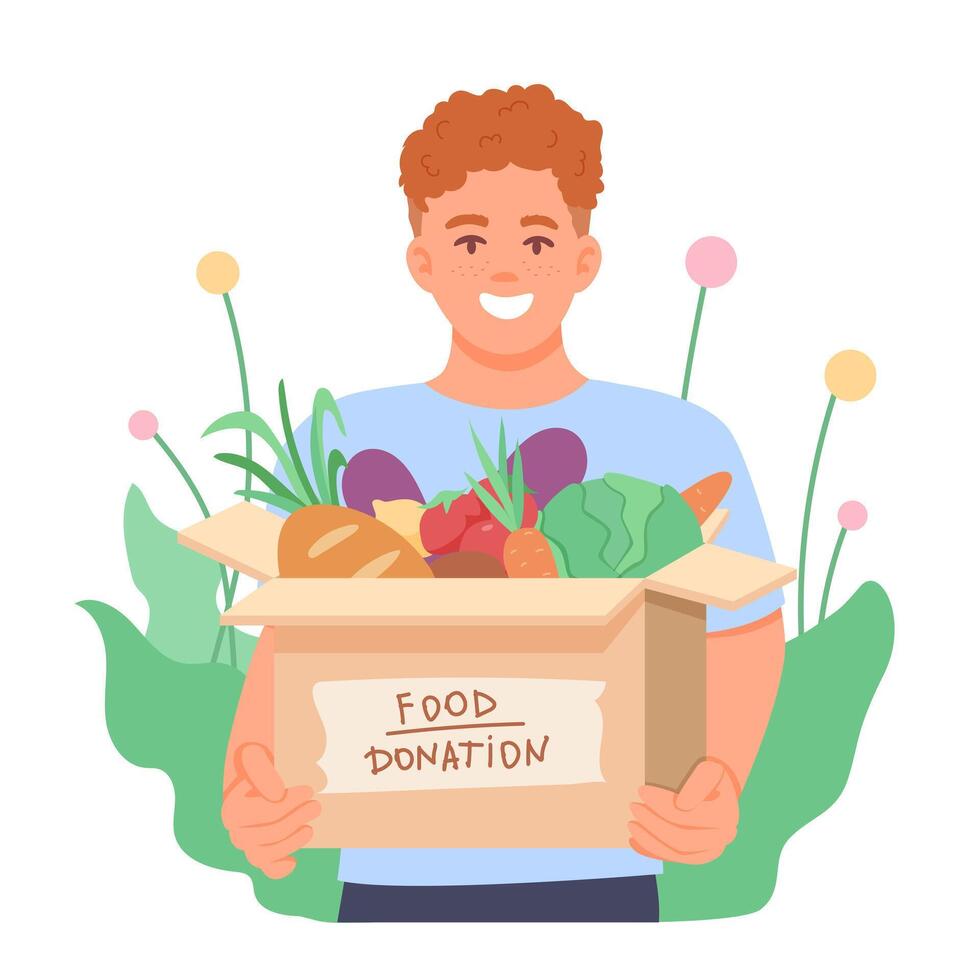 Man holding box with food donation, ready to help people in need vector