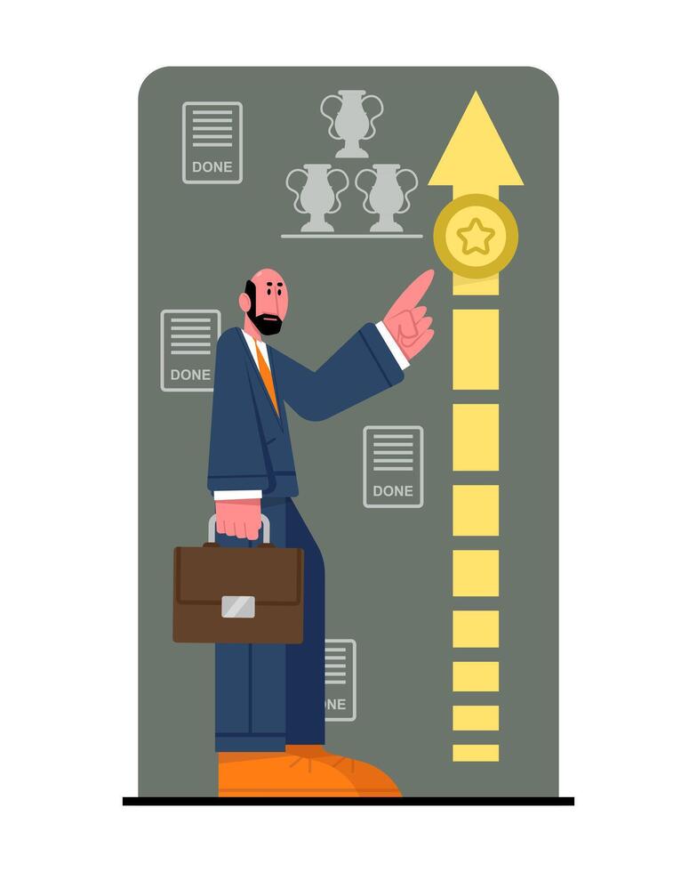 Male with briefcase and standing near arrow with star. Concept of deadlines vector