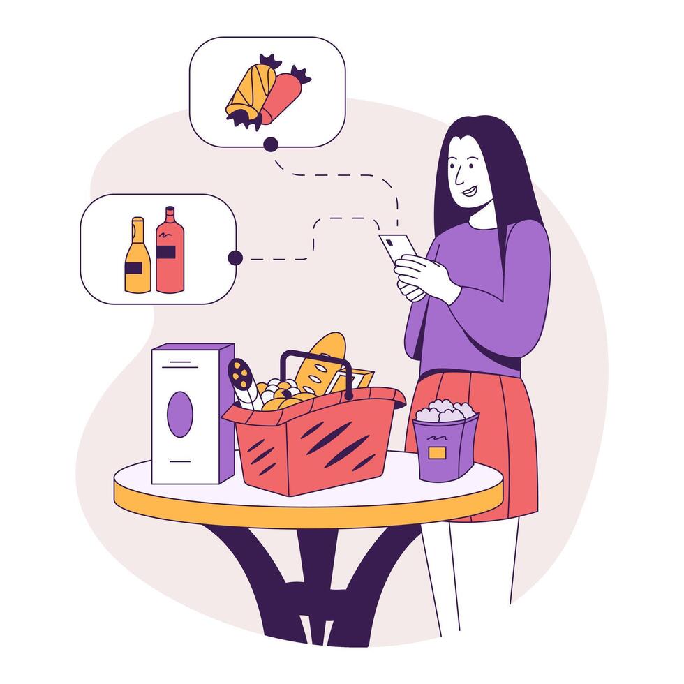 Female holding mobile phone and looking for products. Internet shopping concept vector