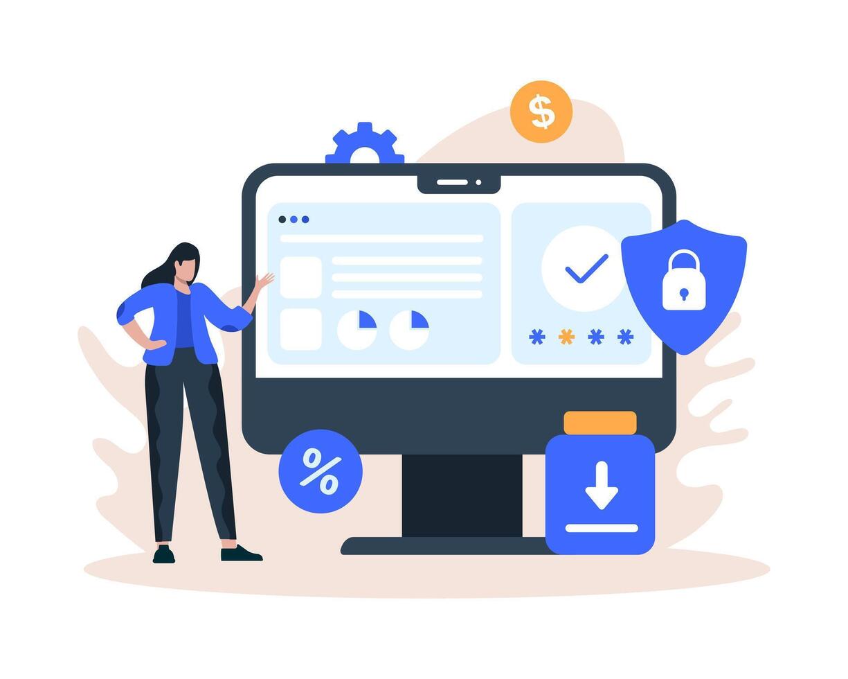 Female standing near computer and checking account safety. Online banking and services vector