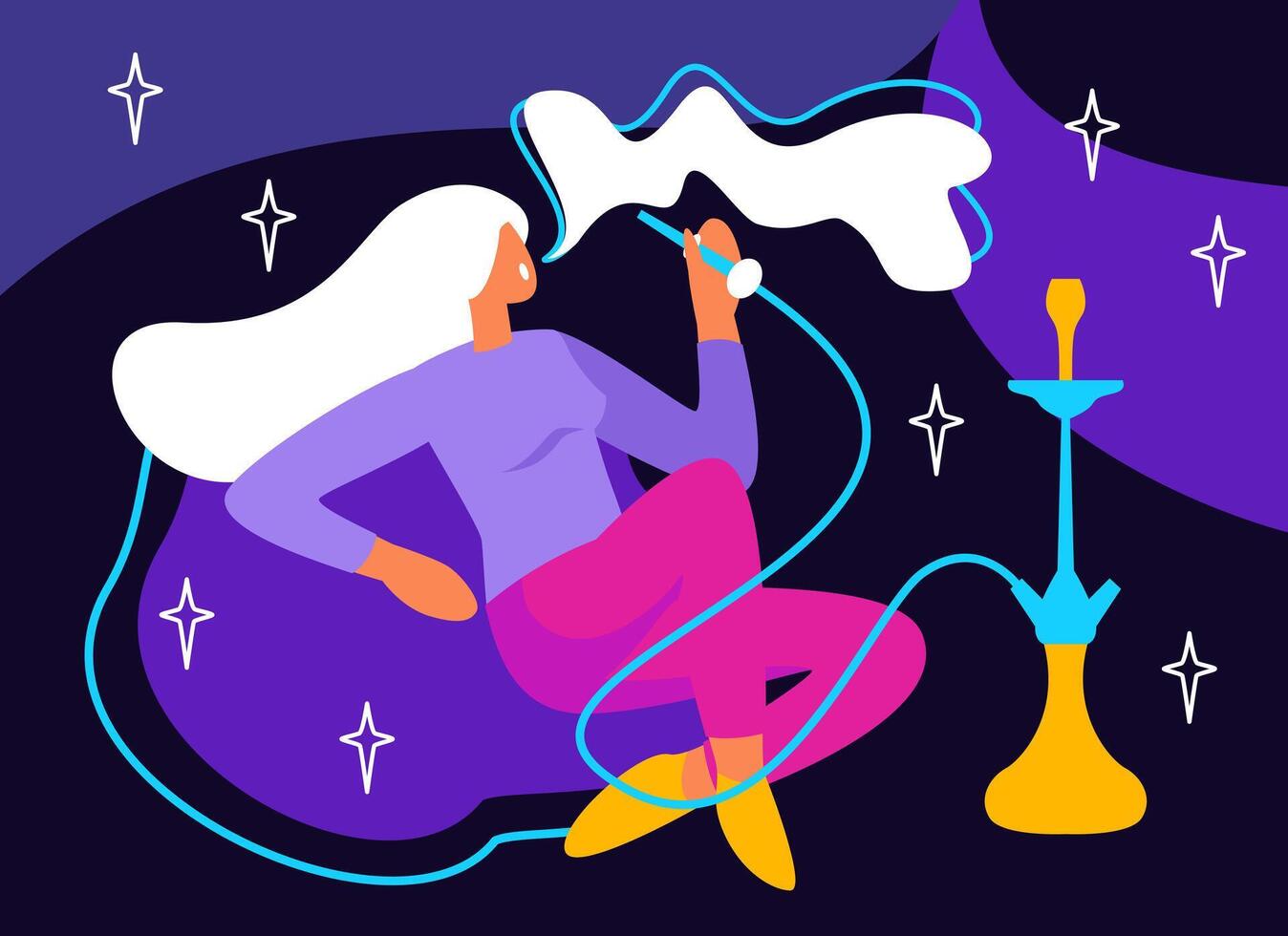 Female resting in pub and smoking tobacco. Lounge club, traditional oriental leisure for women vector