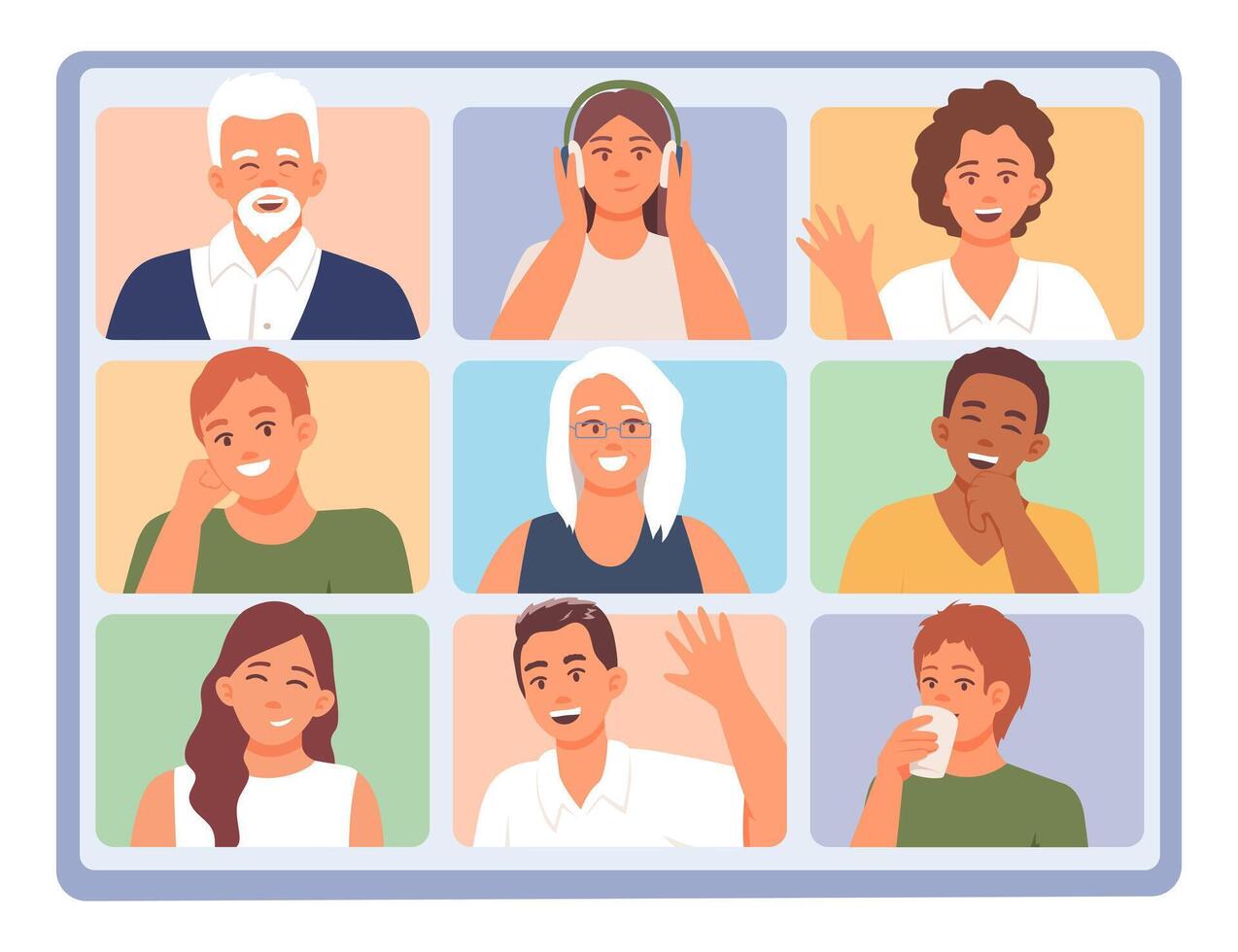 Different people talking online via different gadgets. Vector characters greet each other