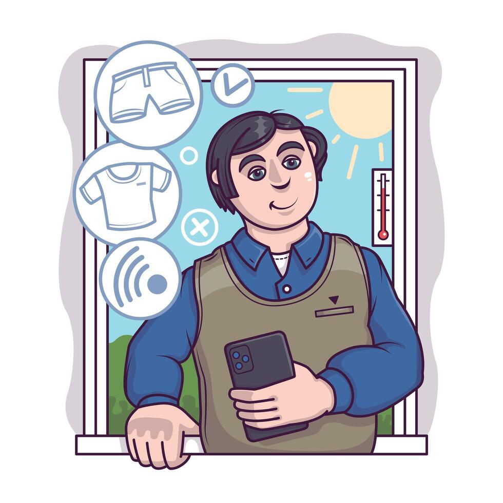 Man holding smartphone and looking at summer clothes. Electronic commerce benefits vector
