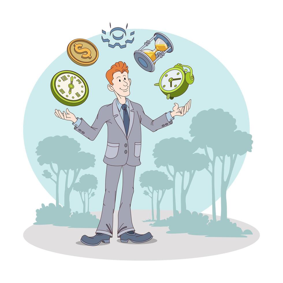 Man standing in park and juggling clock outside. Time management concept vector