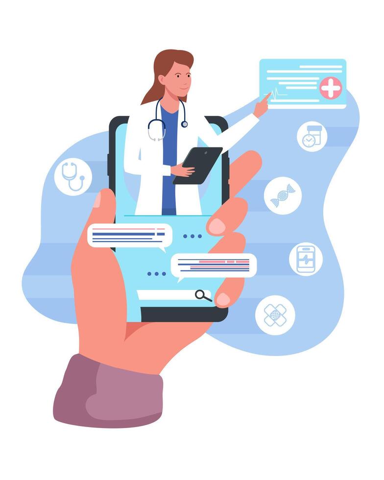 Human holding smartphone and selecting specialist online. Online medical consultation vector