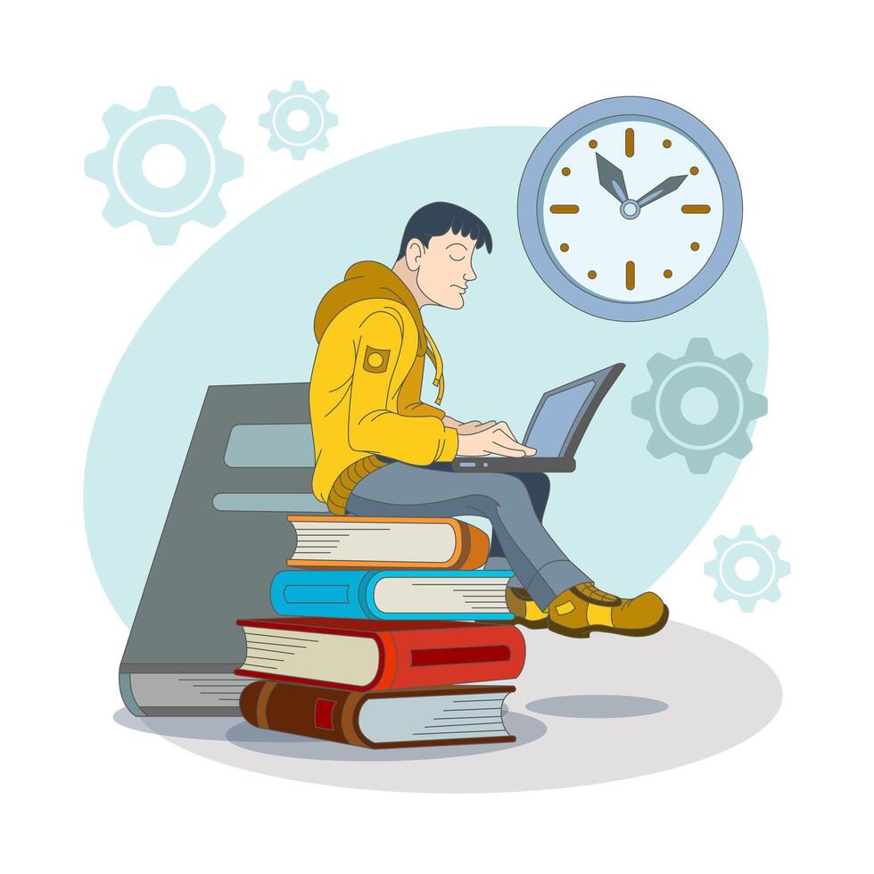 Male working on laptop, sitting on clock. Time management illustration with cartoon character vector