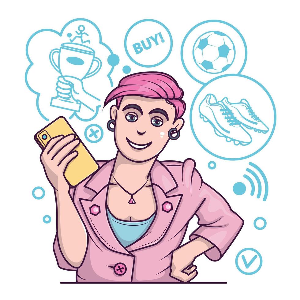 Female soccer player holding mobile phone and shopping. Products for sport and healthy lifestyle vector