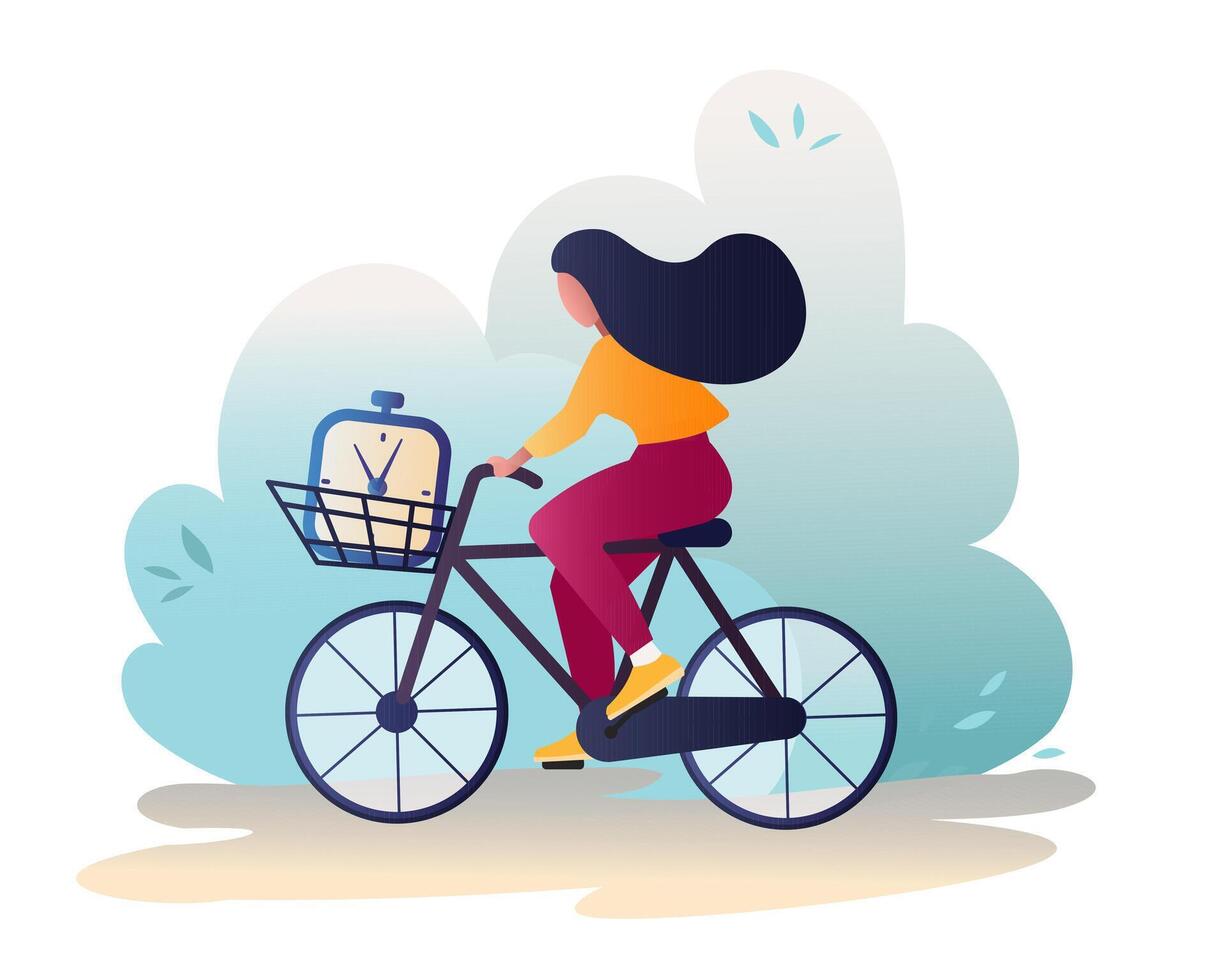 hembra montando bicicleta con reloj en cesta en parque. hora administración ilustración vector
