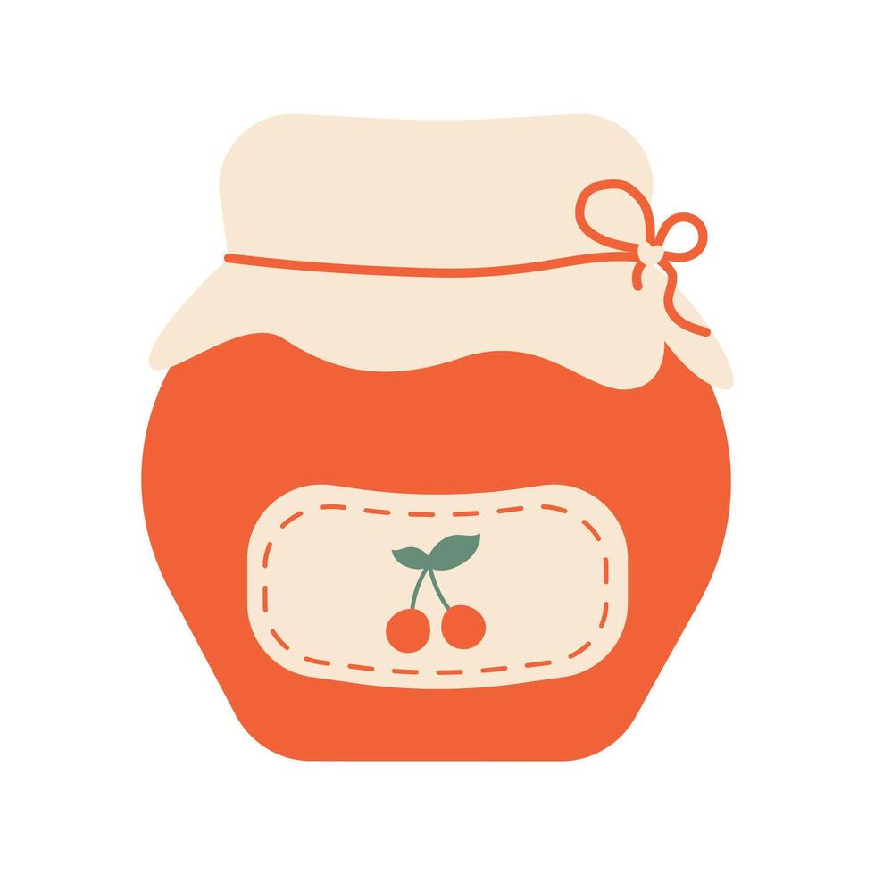 Cute vector jar of cherry jam.Vector illustration in simple modern hand drawn style. Pastel vintage palette. Isolate