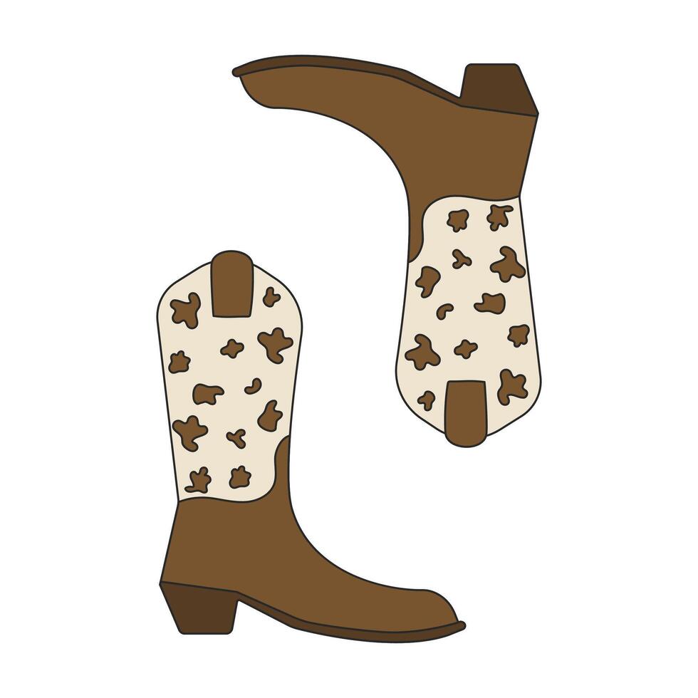 Retro cowboy boots with cow spots. Vector decorated cowgirl and western style cowboy boots. Simple Wild West Sheriff Shoes with Ornament