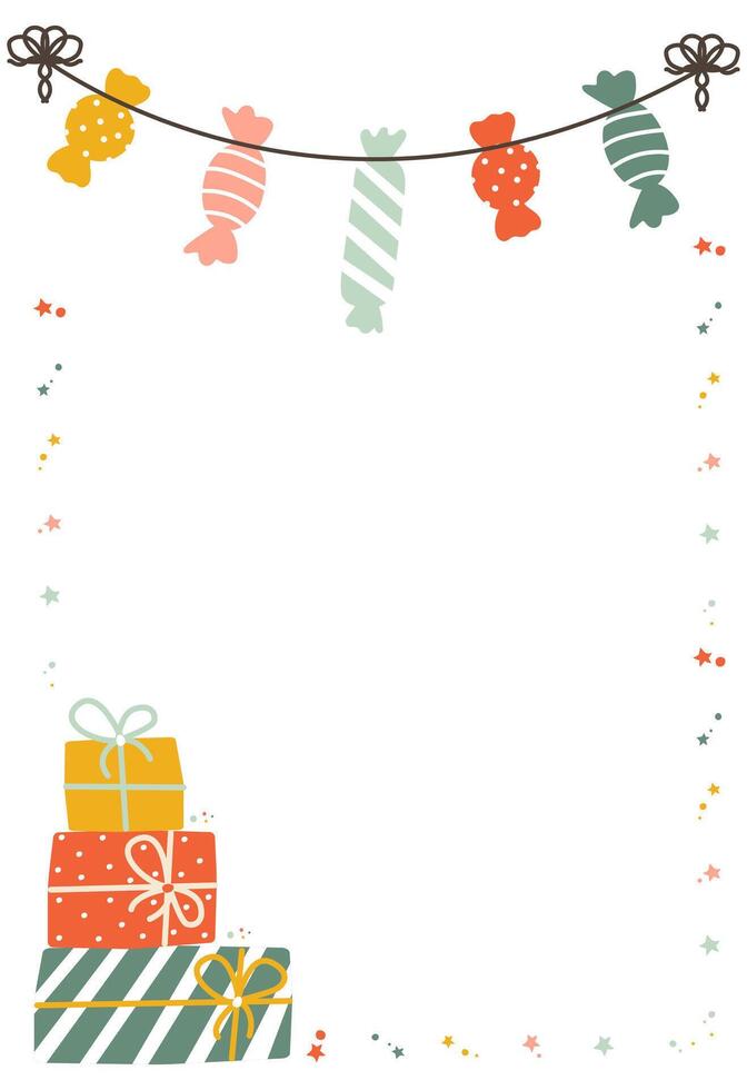 Happy birthday vertical frame template with garland and gifts. Vector illustration in simple hand drawn modern style.