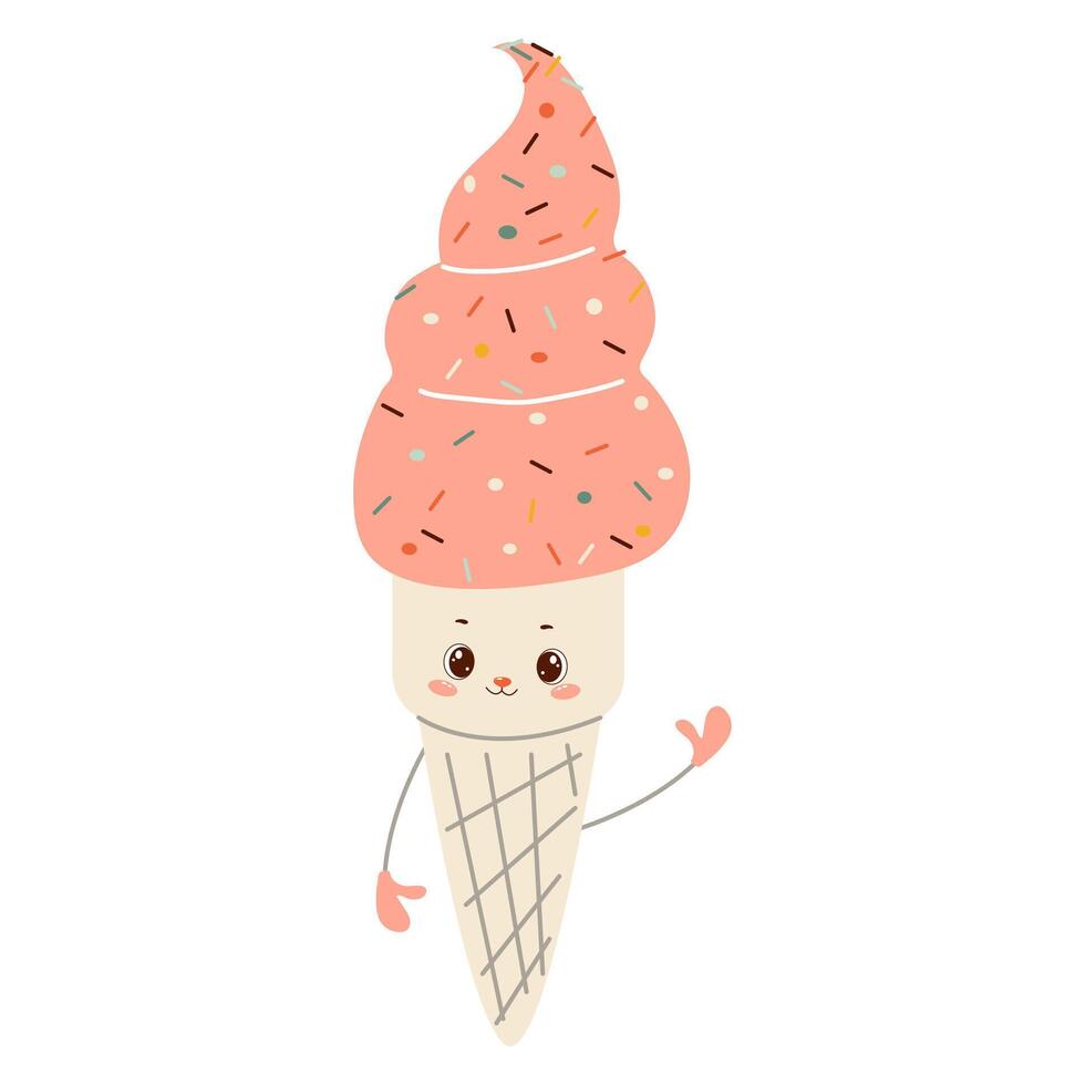 Pink ice cream cones with a cute face.Kawaii style. Children's illustration in a simple naive style. Vector isolate on white background. Ideal for printing