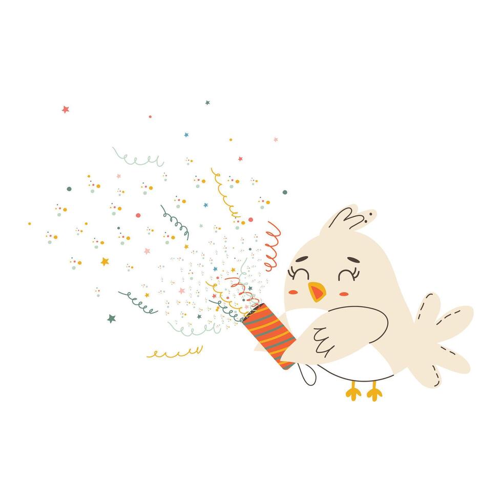 pájaro con un festivo petardo. linda fiesta dibujos animados personaje en sencillo para niños mano dibujado estilo. vector aislar en pastel Clásico paleta en blanco antecedentes