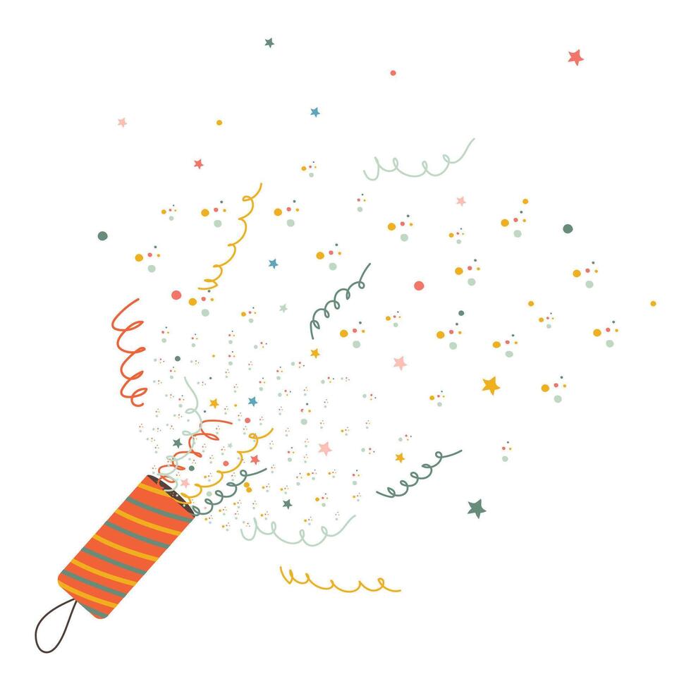 Festive confetti cracker. Cute vector illustration in a simple modern style.Pastel palette. Isolate on white background