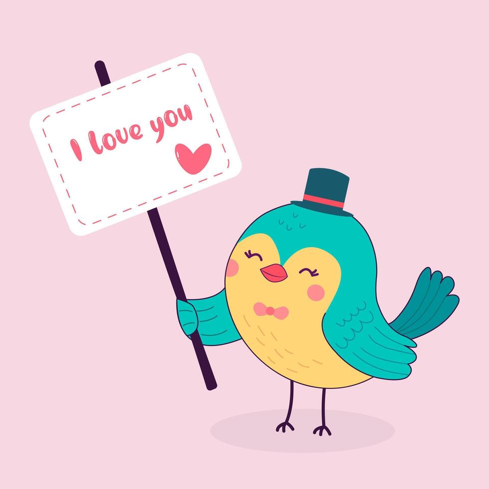 A cute bird congratulates you on Valentine's Day. A cute bird with a sign I love you Bright vector drawing for February 14, wedding, date. Flat cartoon clipart for print, postcard