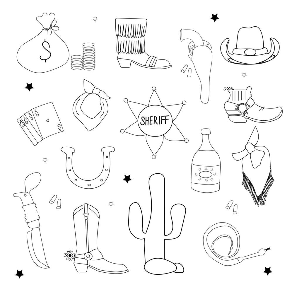 Big Wild West cowboy set in doodle style. Vector illustration of western boots, champagne, cactus, sheriff badge star. Cowboy theme with symbols