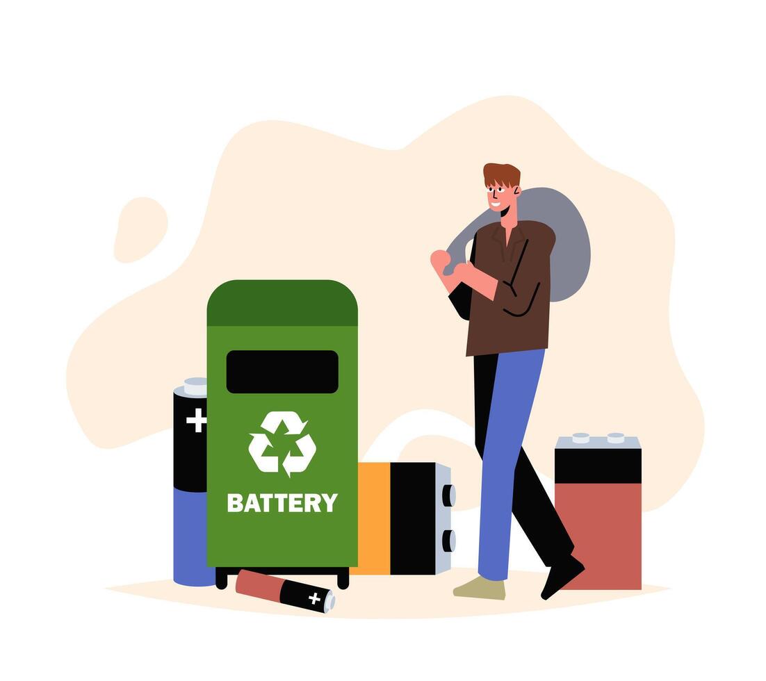 Janitor carries bag of batteries to special container. Help planet, green environment concept vector