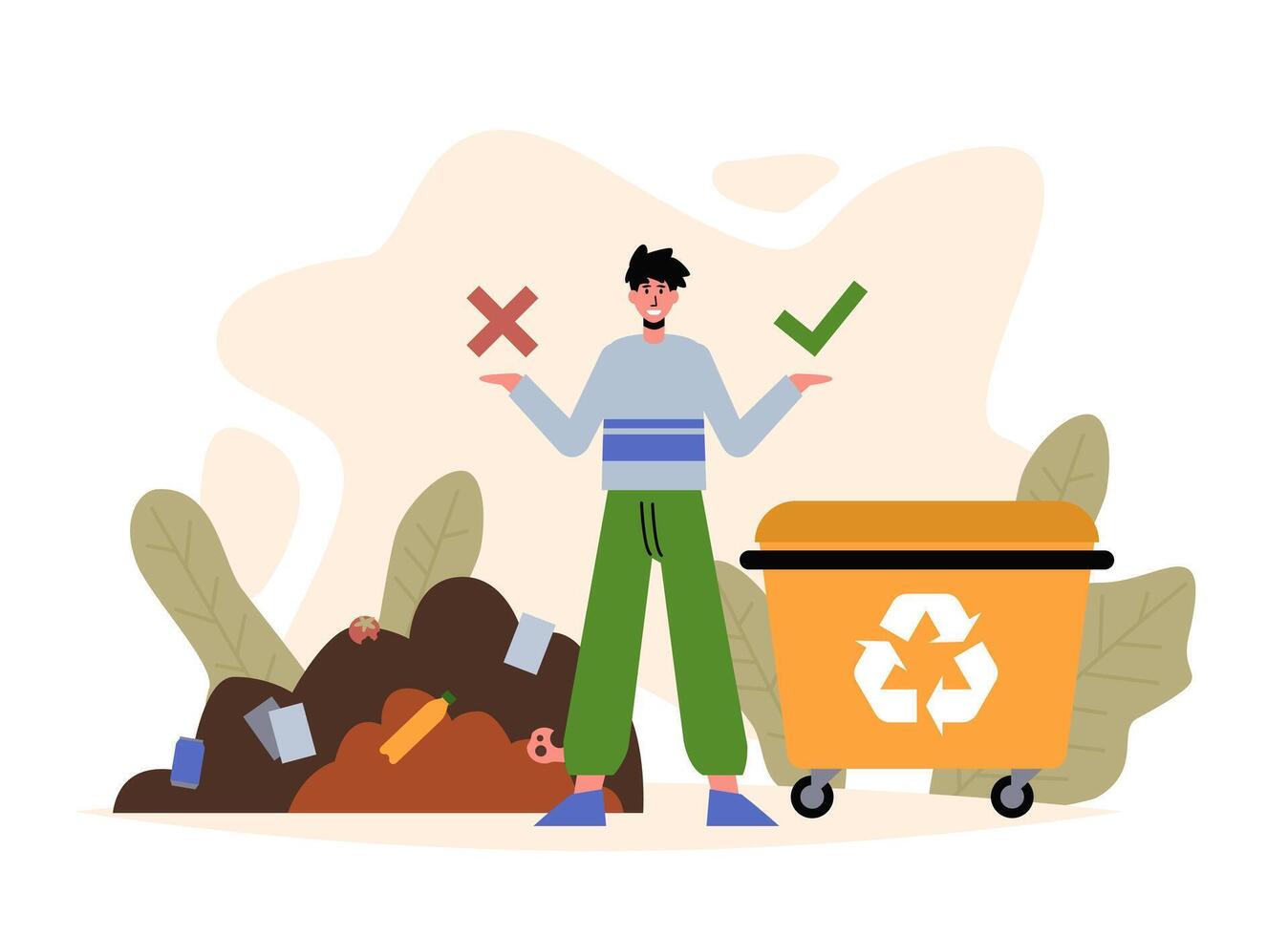 Young male standing and showing benefits and consequences of waste sorting vector