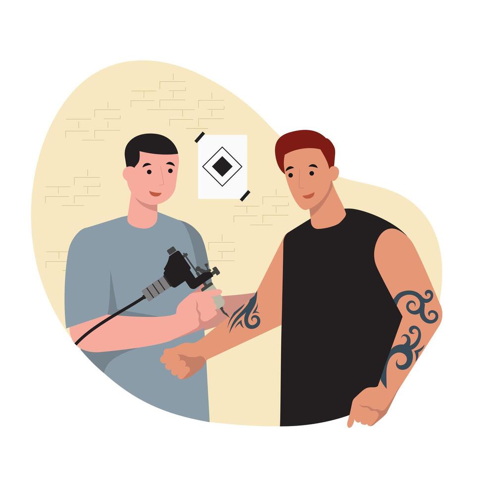 Man getting tattoo on arm in salon. Tattoo artists work process vector