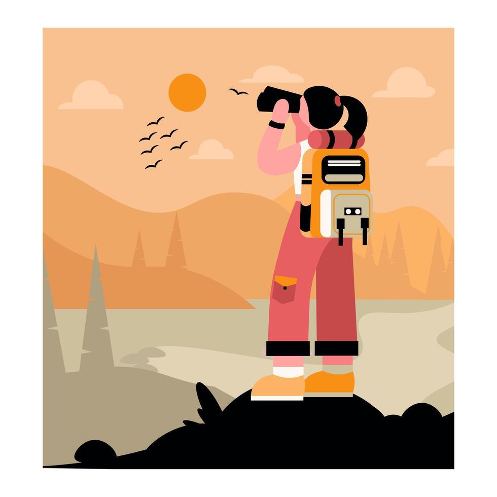 Lady watching at sunset through binoculars. Tourist traveling, visiting attractions vector