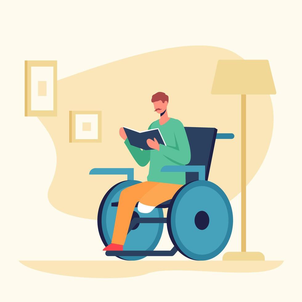 hombre en silla de ruedas leyendo periódico. humano con especial necesidades activamente gastar gratis hora vector