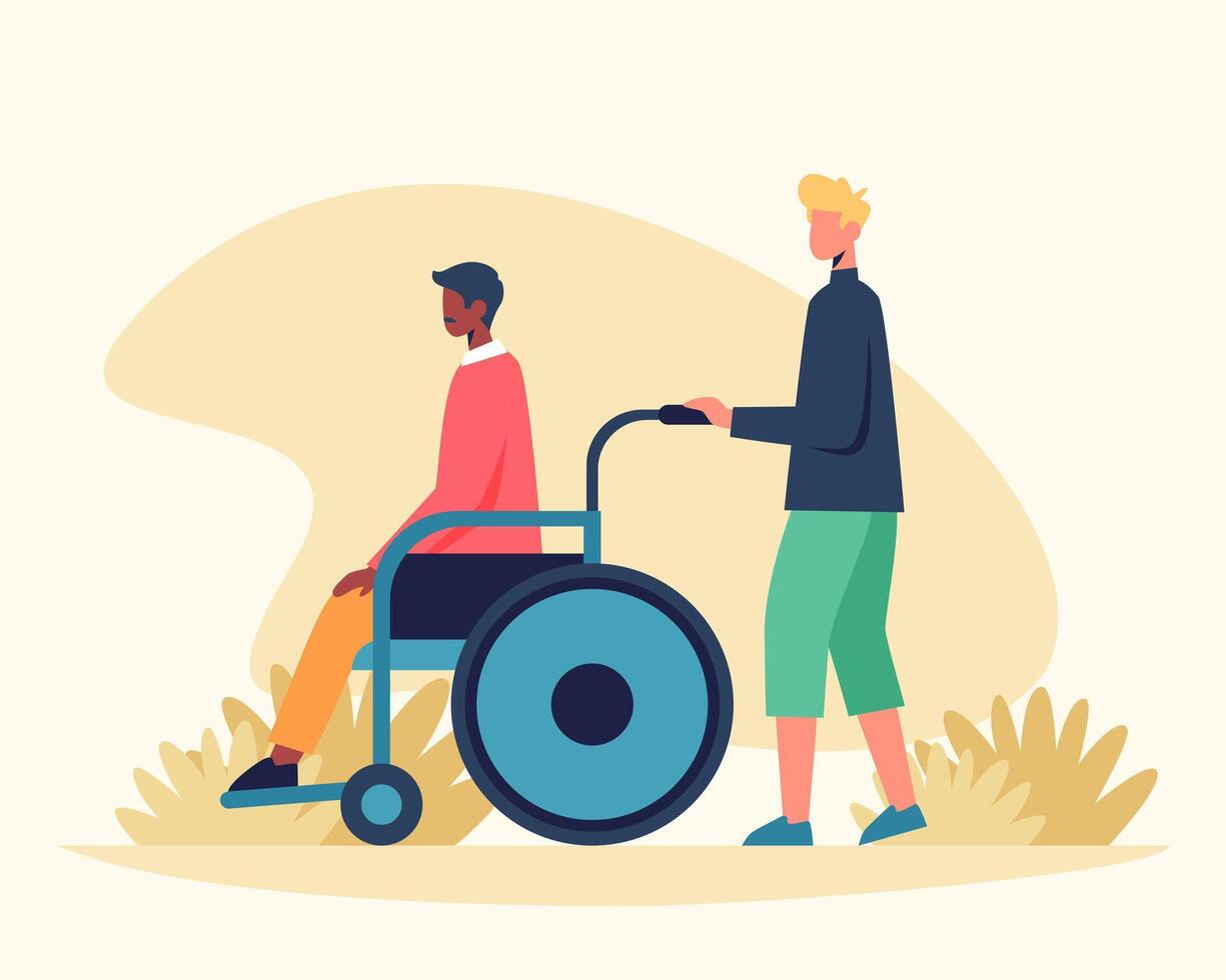 adulto hombre llevar hombre en silla de ruedas afuera. personas con especial necesidades pasando rehabilitación vector